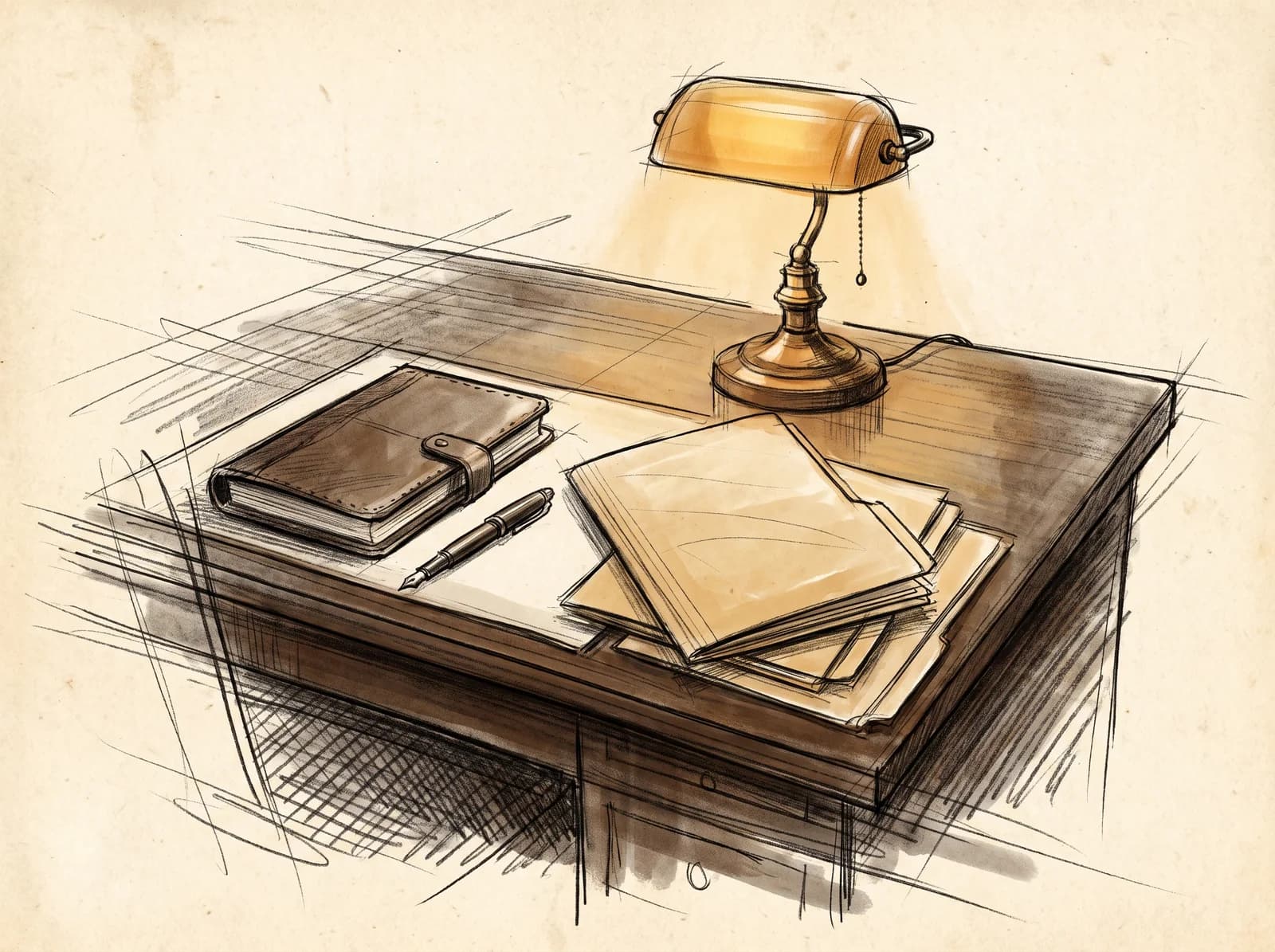 Charcoal sketch of a leather notebook, fountain pen, and folders on a desk under a warm lamp.